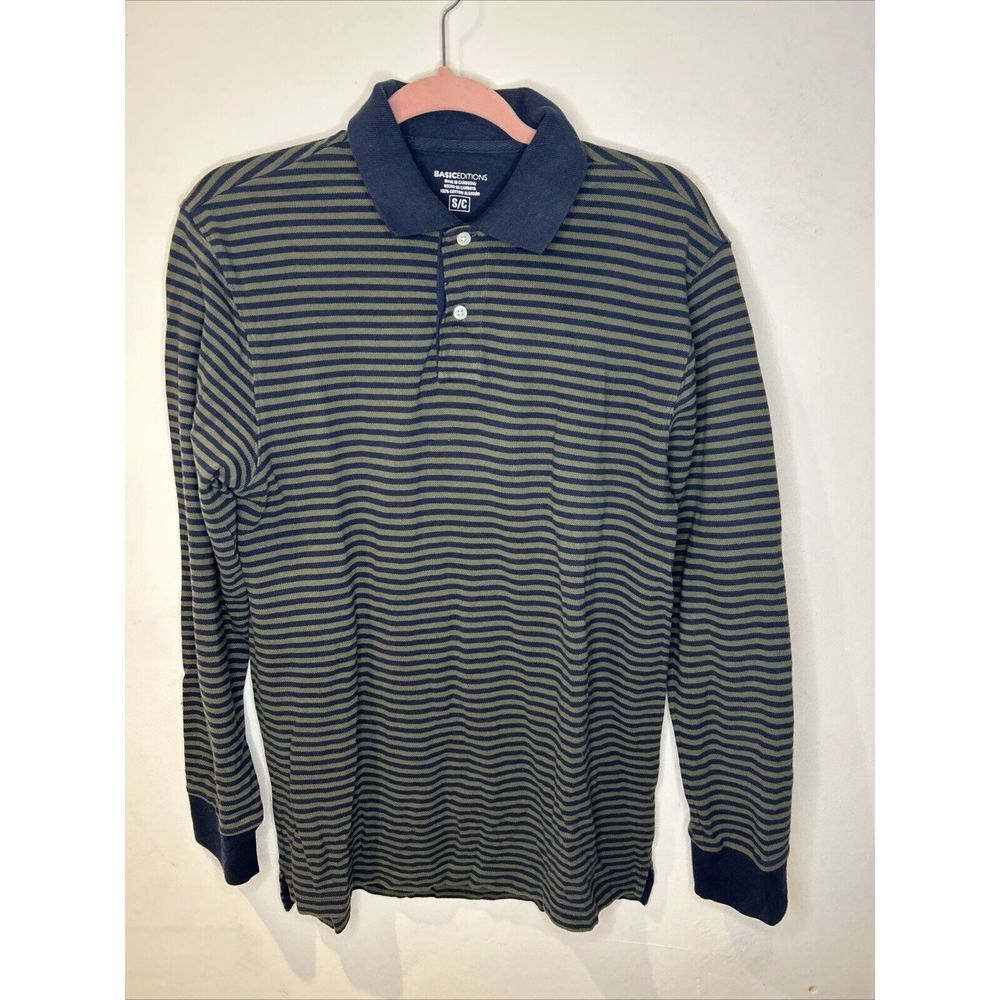Basic Editions Polo Shirt Mens Small Navy Striped Green Outdoors Long-sleeve